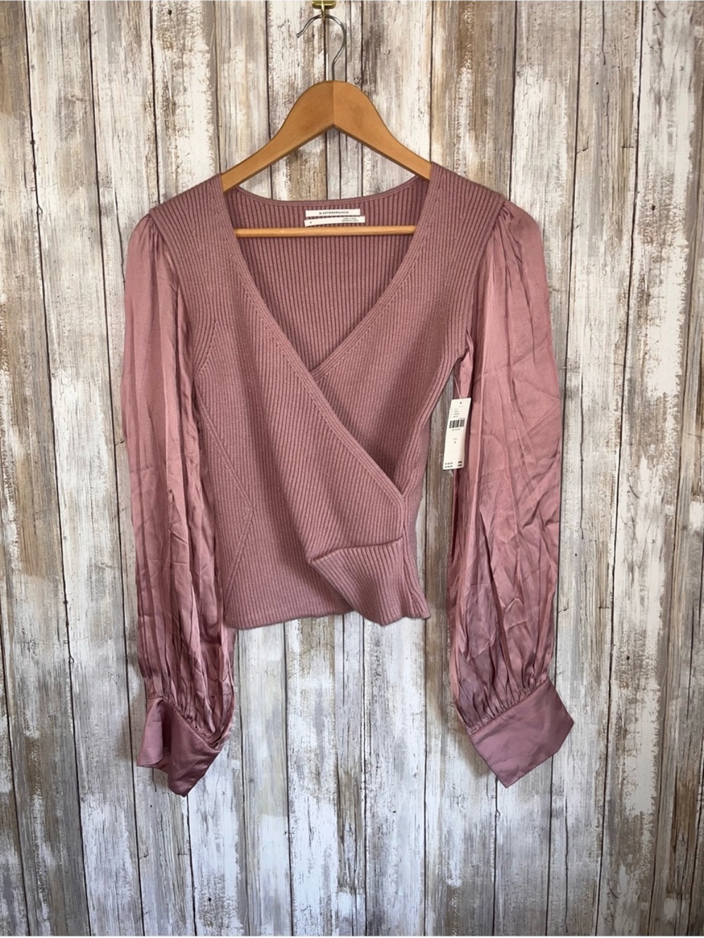 Anthropologie Mauve Ribbed Wrap Sweater Satin Puff Sleeve Top S NWT - Picture 2 of 7